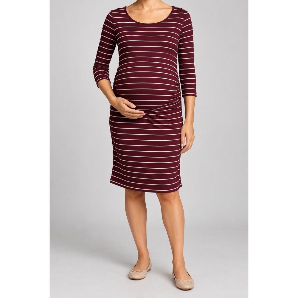 Isabel Maternity By Ingrid & Isabel Womens Midi Dress Burgundy Striped Ruched L